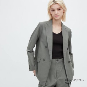 Dámské Bundy Uniqlo Linen Blend Olivy Zelené | RQMECUL-95