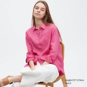 Dámské Košile Uniqlo 100% Premium Linen Long Sleeved Růžové | WFVQAYP-67