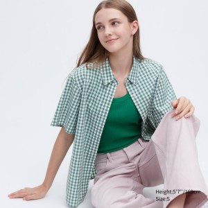 Dámské Košile Uniqlo Bavlněné Checked Krátké Sleeved Zelene | EAPKMXY-43