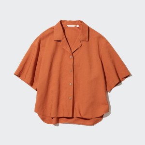 Dámské Košile Uniqlo Linen Blend Open Collar Krátké Sleeved Oranžové | KQZVRLO-74