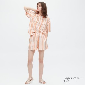 Dámské Loungewear Uniqlo Linen Blend Krátké Sleeved Set Oranžové | HVLTRWM-39