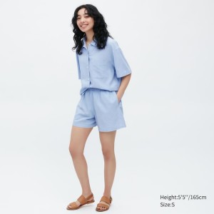 Dámské Loungewear Uniqlo Linen Blend Krátké Sleeved Set Blankyt | LBGUSWH-27