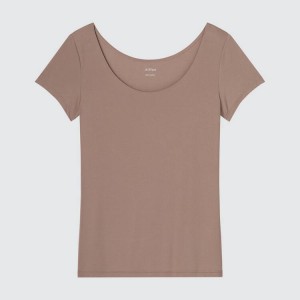 Dámské Tričko Uniqlo Airism Scoop Neck Krátké Sleeve Hnědé | WIAXDRU-51