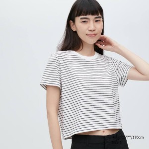 Dámské Tričko Uniqlo Slub Jersey Cropped Pruhovaný Krátké Sleeved Bílé Černé | ZCULNSK-71