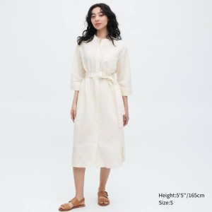 Dámské Šaty Uniqlo Linen Blend 3/4 Sleeved Bílé | TFMVULN-82