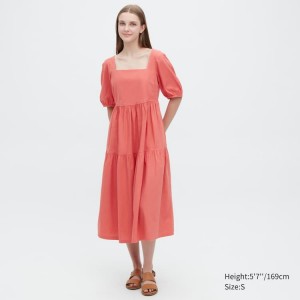 Dámské Šaty Uniqlo Linen Blend Shirring Volume Sleeved Růžové | GZTDHWC-28