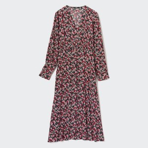 Dámské Šaty Uniqlo Printed V Neck Flared Long Sleeved Růžové | MHNJIGU-37