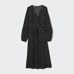 Dámské Šaty Uniqlo Wrap Dotted Long Sleeved Černé | XNUSEDV-40