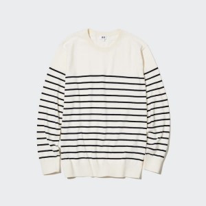 Pánské Jumpers Uniqlo Bavlněné Washable Pruhovaný Crew Neck Bílé | ERXIWVM-50