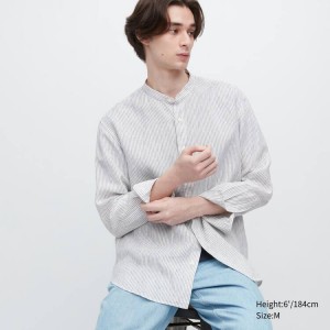 Pánské Košile Uniqlo 100% Premium Linen Pruhovaný Regular Fit (Grandad Collar) Blankyt | OCFNADE-62