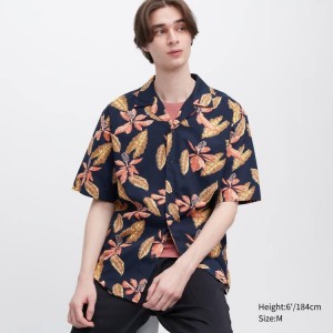 Pánské Košile Uniqlo Bavlněné Blend Běžné Printed Krátké Sleeved (Open Collar) Tmavě Blankyt | RKOVSQT-21