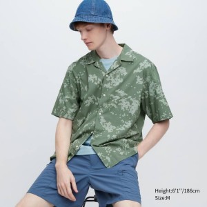 Pánské Košile Uniqlo Bavlněné Blend Běžné Printed Krátké Sleeved (Open Collar) Zelene | IAOGSXZ-92