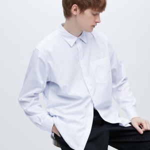 Pánské Košile Uniqlo Extra Fine Bavlněné Broadcloth Regular Fit Pruhovaný Blankyt | HJDFKWX-94