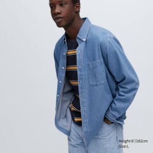 Pánské Košile Uniqlo Indigo Denim Regular Fit (Regular Collar) Blankyt | VEFNIHQ-34