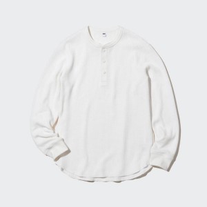 Pánské Tričko Uniqlo Waffle Henley Neck Long Sleeved Bílé | IPGFZOE-79