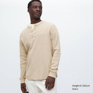 Pánské Tričko Uniqlo Waffle Henley Neck Long Sleeved Béžový | OUDSRWP-35