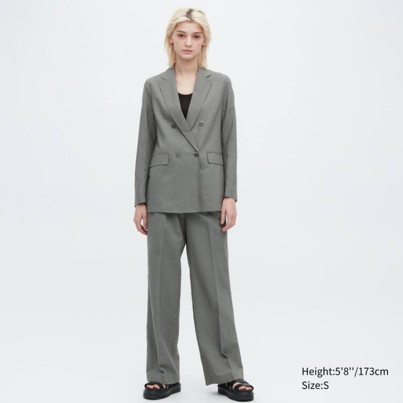 Dámské Bundy Uniqlo Linen Blend Olivy Zelené | RQMECUL-95