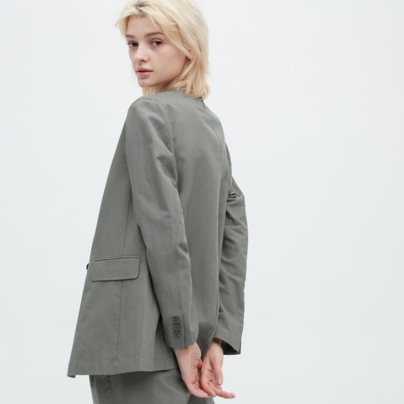 Dámské Bundy Uniqlo Linen Blend Olivy Zelené | RQMECUL-95