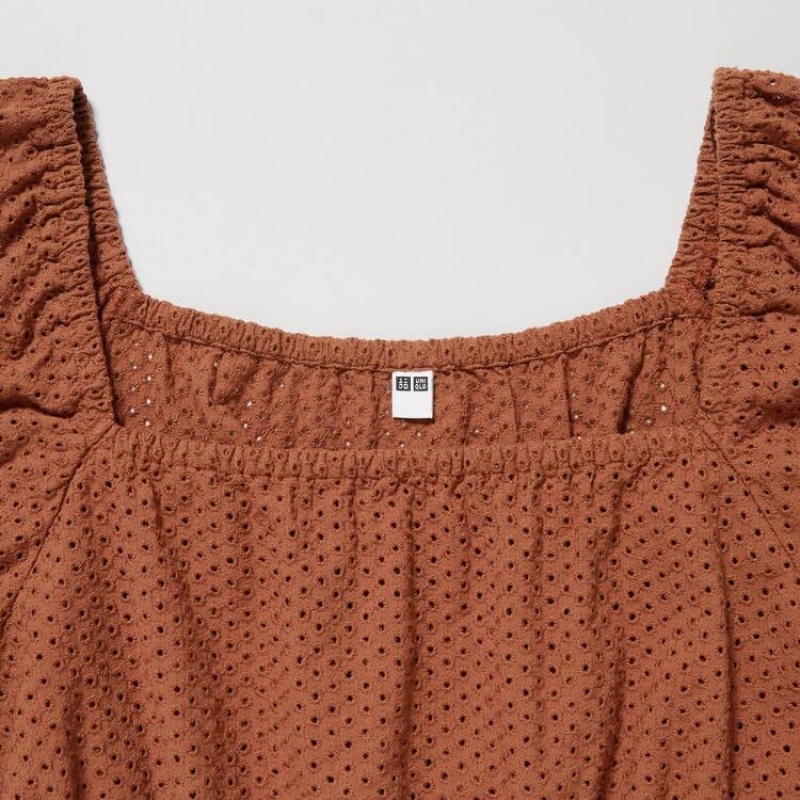 Dámské Halenka Uniqlo Bavlněné Embroidered Square Neck Krátké Sleeved Hnědé | RKMXWGQ-47