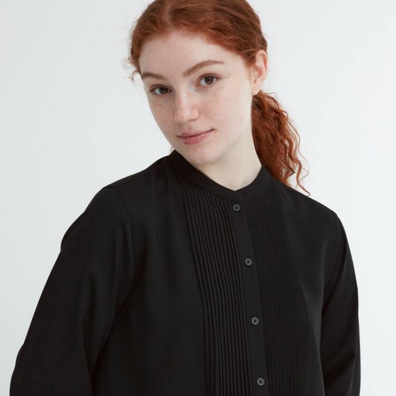 Dámské Halenka Uniqlo Rayon Pintuck Long Sleeved Černé | QSRUCBH-51