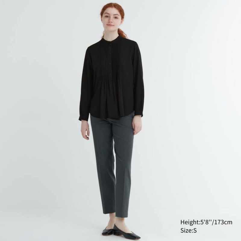 Dámské Halenka Uniqlo Rayon Pintuck Long Sleeved Černé | QSRUCBH-51