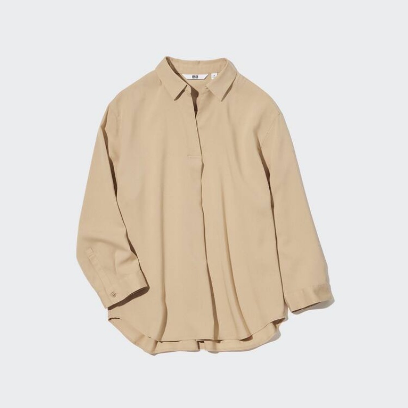 Dámské Halenka Uniqlo Viscose Skipper Collar 3/4 Sleeved Hnědožlutý | XRLVOWP-34