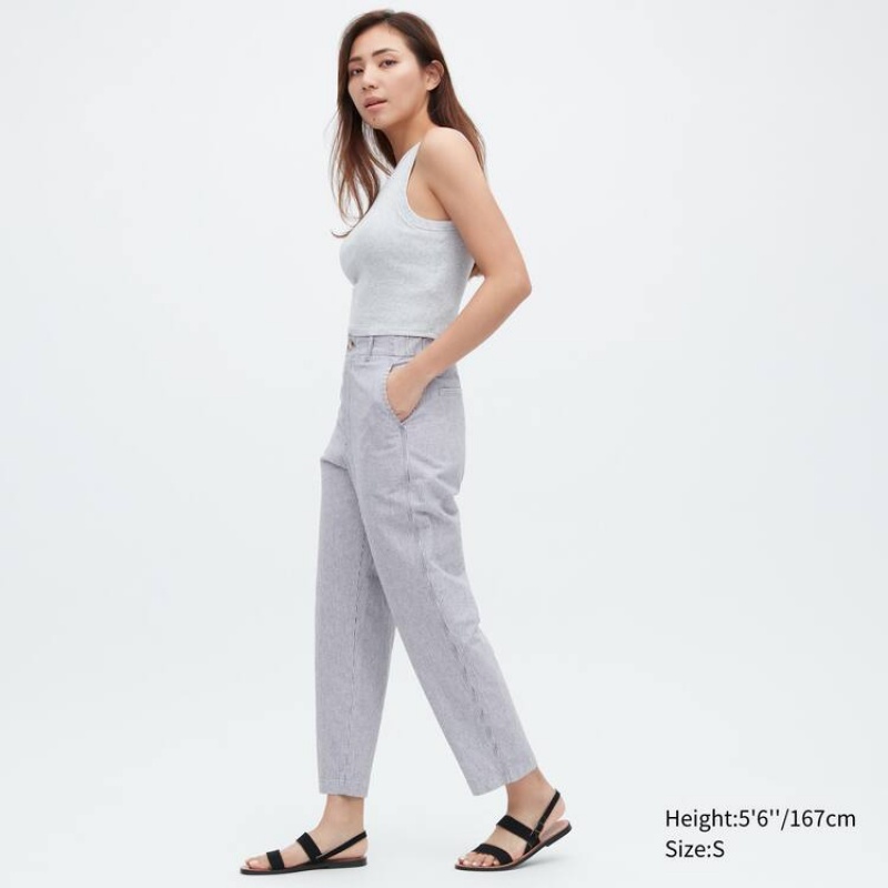 Dámské Kalhoty Uniqlo Linen Bavlněné Blend Pruhovaný Tapered Blankyt | YPQGXLW-61