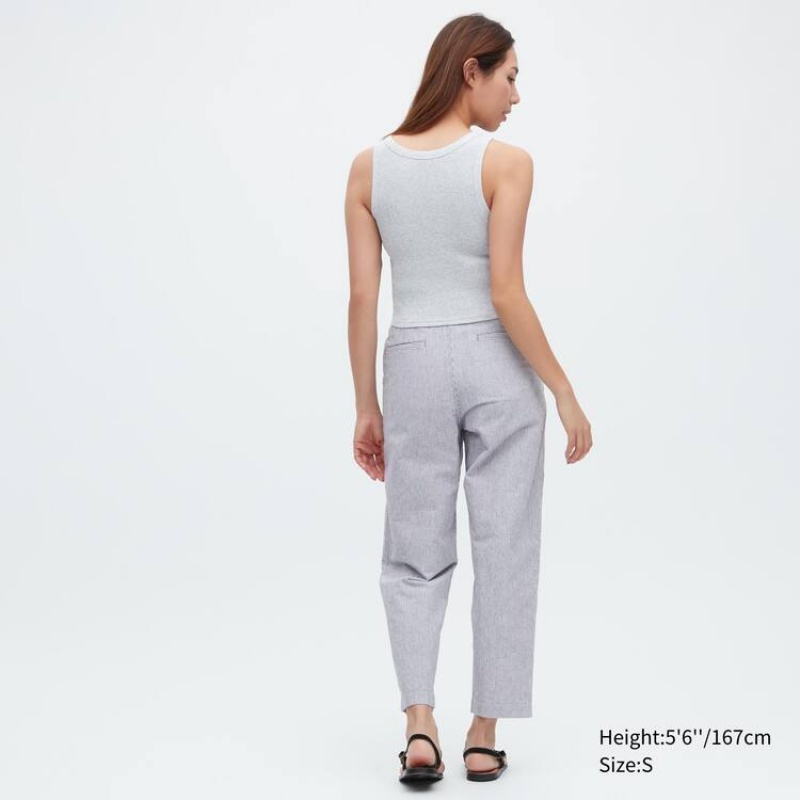 Dámské Kalhoty Uniqlo Linen Bavlněné Blend Pruhovaný Tapered Blankyt | YPQGXLW-61