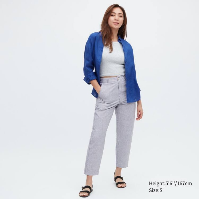 Dámské Kalhoty Uniqlo Linen Bavlněné Blend Pruhovaný Tapered Blankyt | YPQGXLW-61