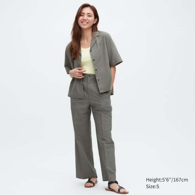 Dámské Kalhoty Uniqlo Linen Blend Plisovaný Široké Leg Olivy Zelené | YXSDABH-79