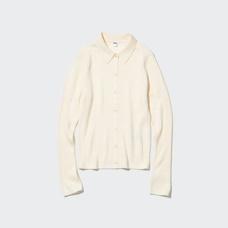 Dámské Kardigan Uniqlo Extra Fine Merino Long Sleeve Polo Bílé | VXCLWGD-40