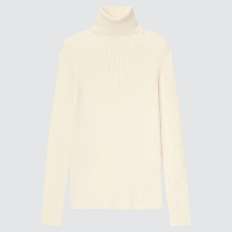 Dámské Knitwear Uniqlo 100% Extra Fine Merino Žebrovaný Turtleneck (2021 Season) Bílé | ZVURAES-51