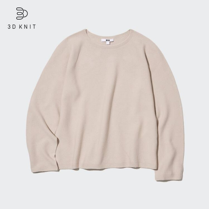 Dámské Knitwear Uniqlo 3d Knit Seamless Bavlněné Crew Neck Béžový | NMRHSVB-01