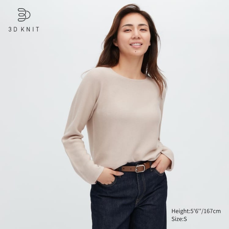 Dámské Knitwear Uniqlo 3d Knit Seamless Bavlněné Crew Neck Béžový | NMRHSVB-01