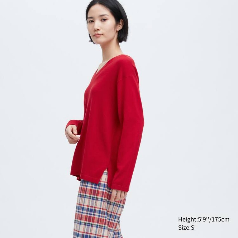 Dámské Knitwear Uniqlo Ines De La Fressange Bavlněné Cashmere Blend Oversized V Neck Červené | JFWMVZH-92