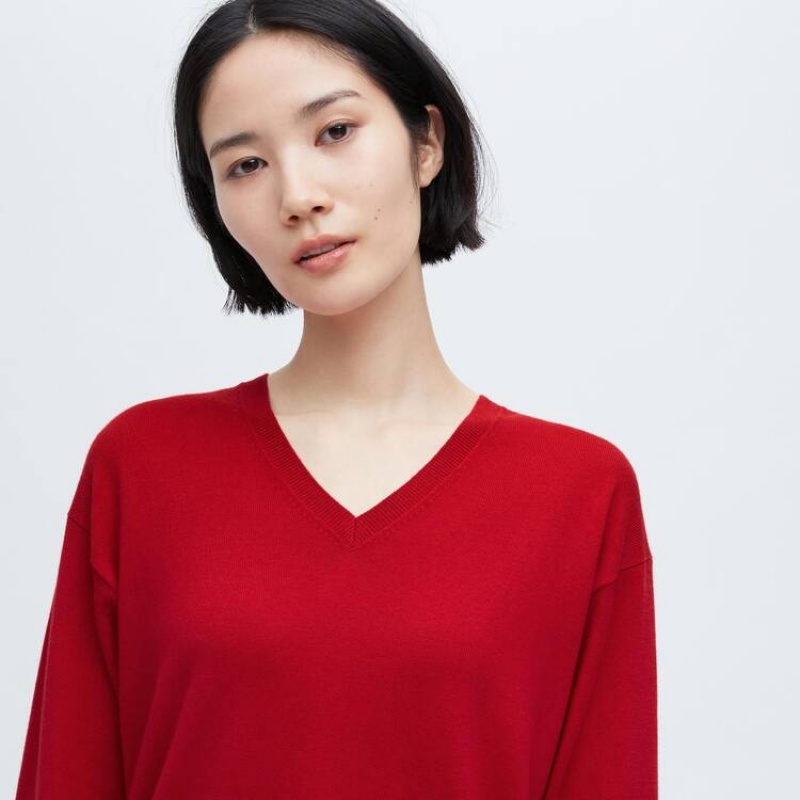 Dámské Knitwear Uniqlo Ines De La Fressange Bavlněné Cashmere Blend Oversized V Neck Červené | JFWMVZH-92