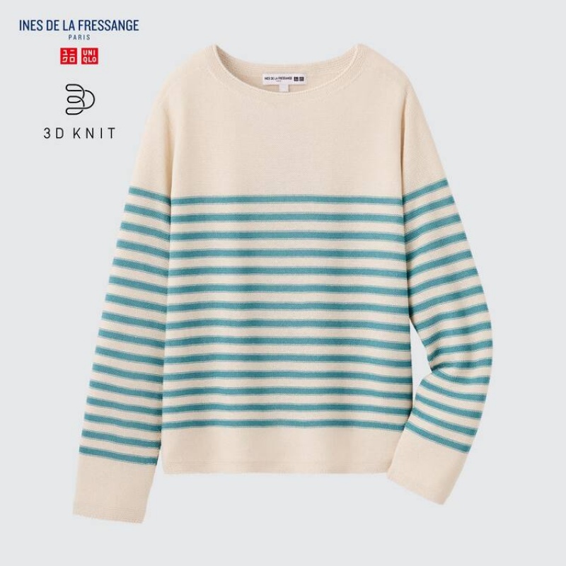 Dámské Knitwear Uniqlo Ines De La Fressange 3d Knit Seamless Pruhovaný Lodní Neck Béžový | QTAGUKD-42