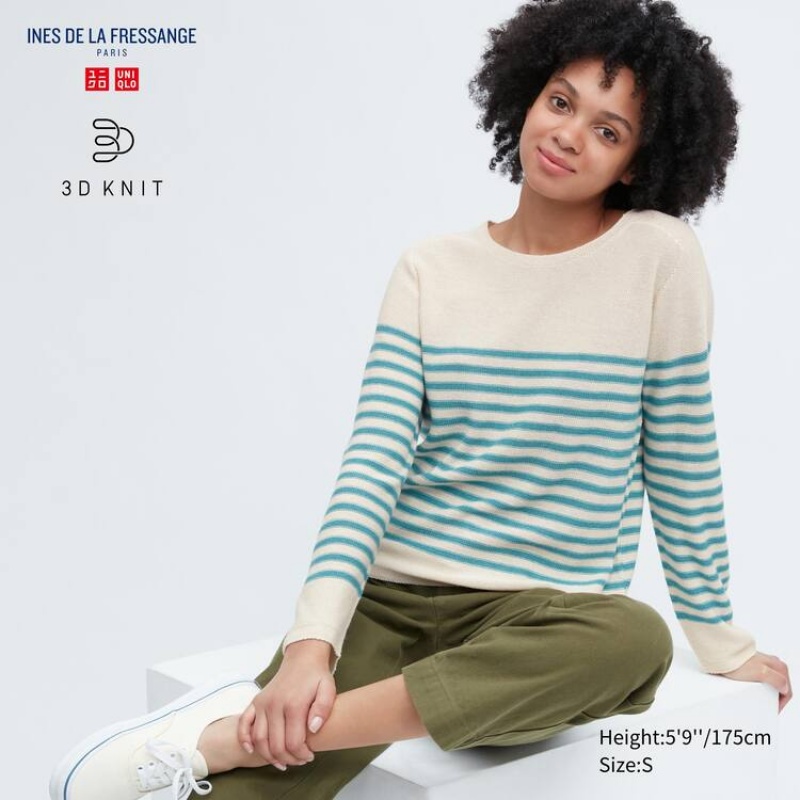 Dámské Knitwear Uniqlo Ines De La Fressange 3d Knit Seamless Pruhovaný Lodní Neck Béžový | QTAGUKD-42