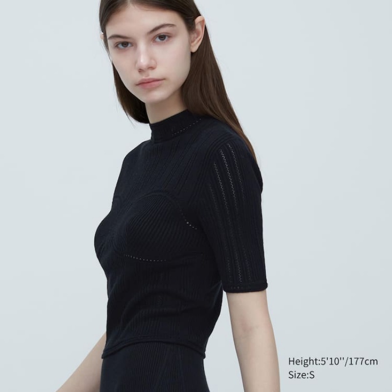 Dámské Knitwear Uniqlo Mame Kurogouchi 3d Knit Seamless Mesh Half Sleeve Černé | WIMXALS-35