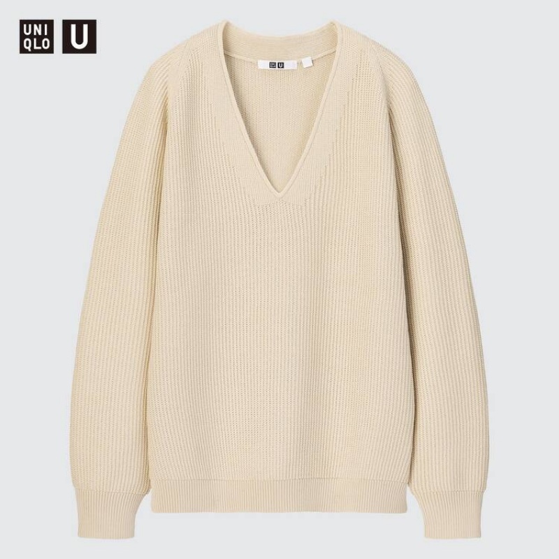 Dámské Knitwear Uniqlo U V Neck Béžový | IBDSZEU-24