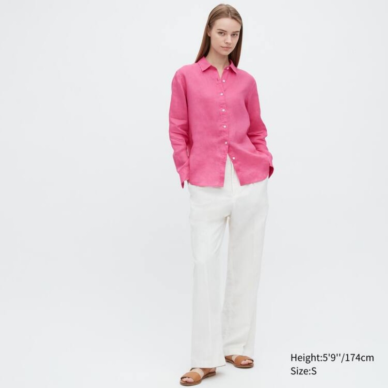 Dámské Košile Uniqlo 100% Premium Linen Long Sleeved Růžové | WFVQAYP-67