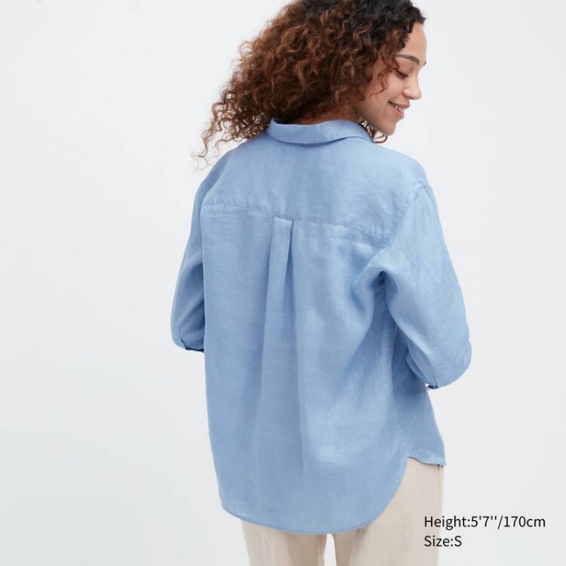 Dámské Košile Uniqlo 100% Premium Linen Skipper Collar 3/4 Sleeved Blankyt | TLJHKIF-84