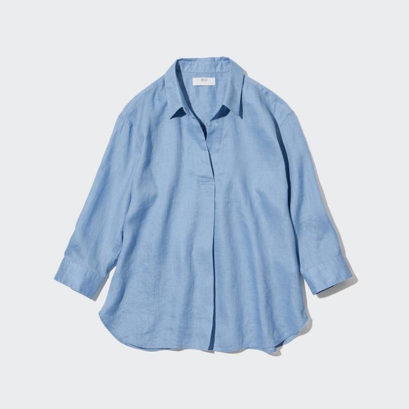 Dámské Košile Uniqlo 100% Premium Linen Skipper Collar 3/4 Sleeved Blankyt | TLJHKIF-84