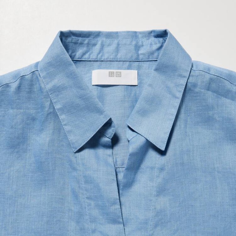 Dámské Košile Uniqlo 100% Premium Linen Skipper Collar 3/4 Sleeved Blankyt | TLJHKIF-84