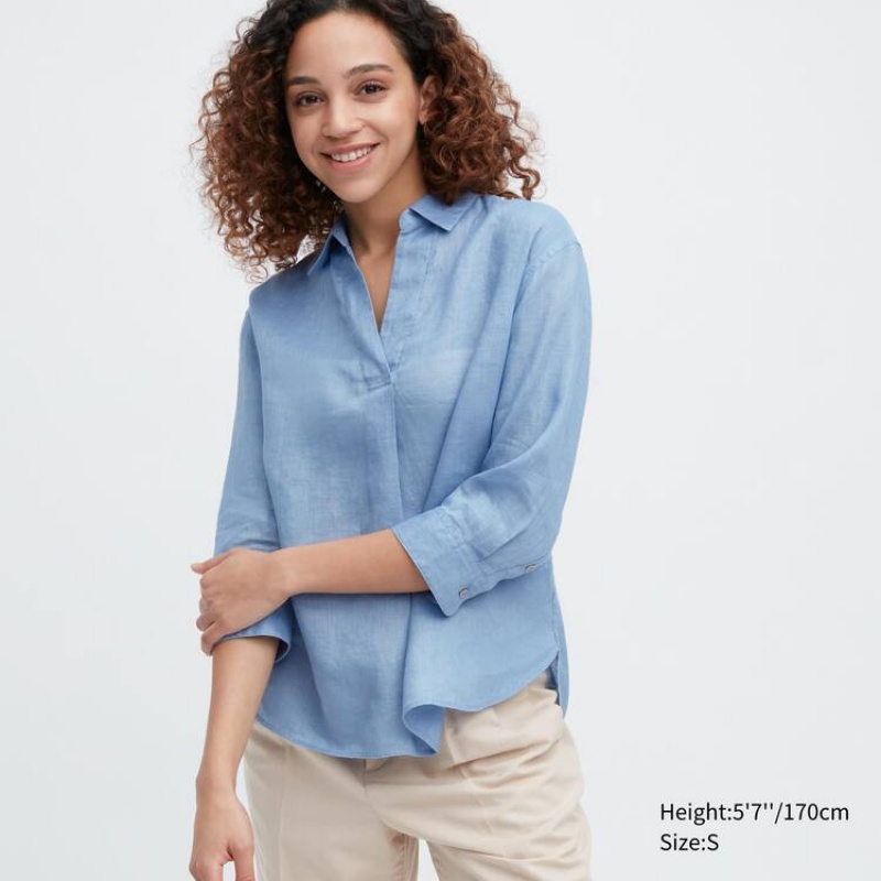 Dámské Košile Uniqlo 100% Premium Linen Skipper Collar 3/4 Sleeved Blankyt | TLJHKIF-84