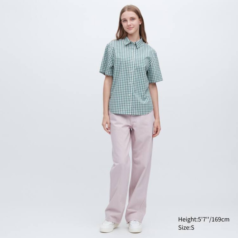 Dámské Košile Uniqlo Bavlněné Checked Krátké Sleeved Zelene | EAPKMXY-43