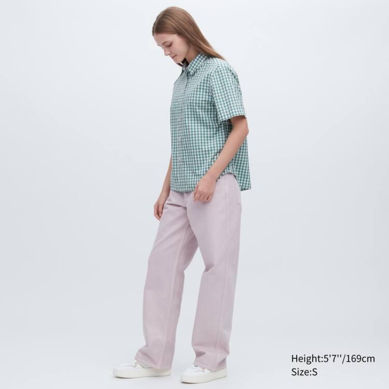 Dámské Košile Uniqlo Bavlněné Checked Krátké Sleeved Zelene | EAPKMXY-43