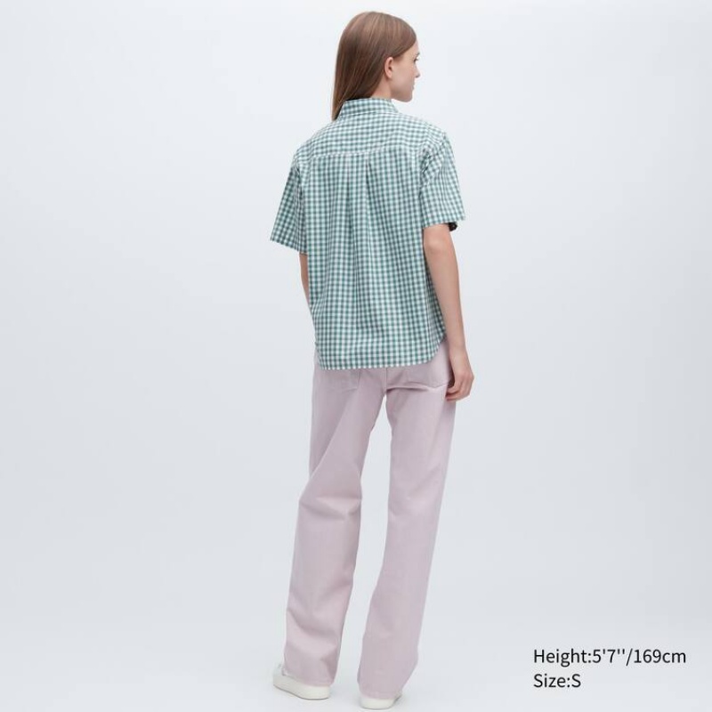 Dámské Košile Uniqlo Bavlněné Checked Krátké Sleeved Zelene | EAPKMXY-43