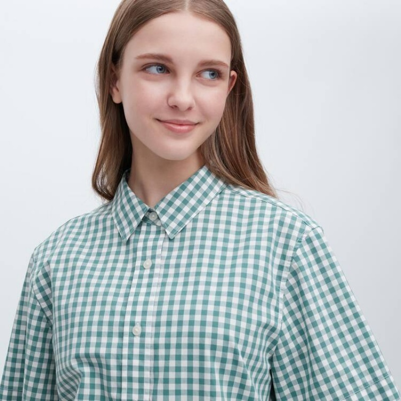 Dámské Košile Uniqlo Bavlněné Checked Krátké Sleeved Zelene | EAPKMXY-43