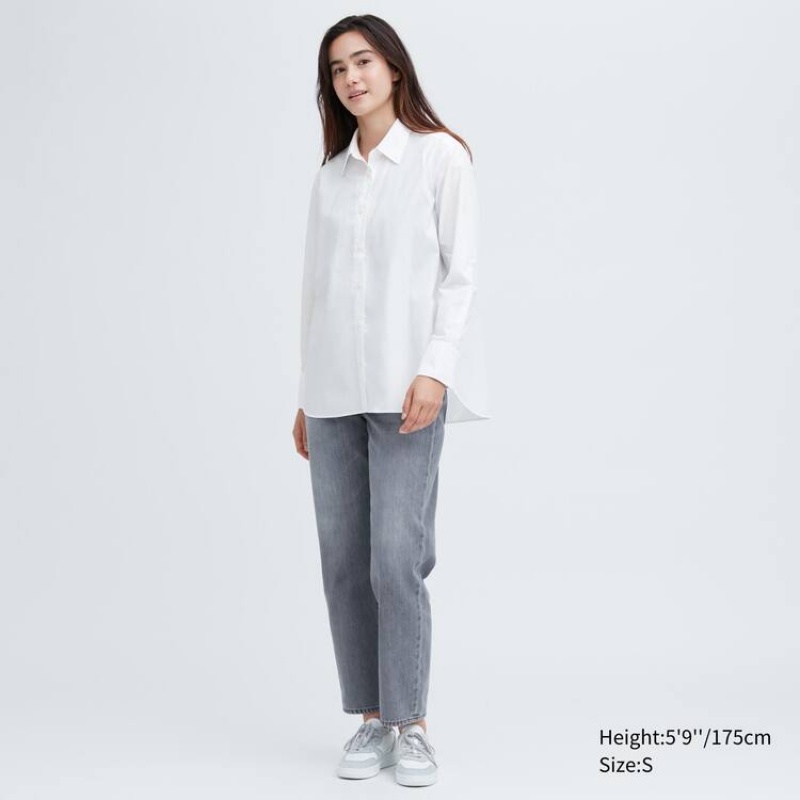 Dámské Košile Uniqlo Bavlněné Long Sleeved Bílé | WQAKDHV-27